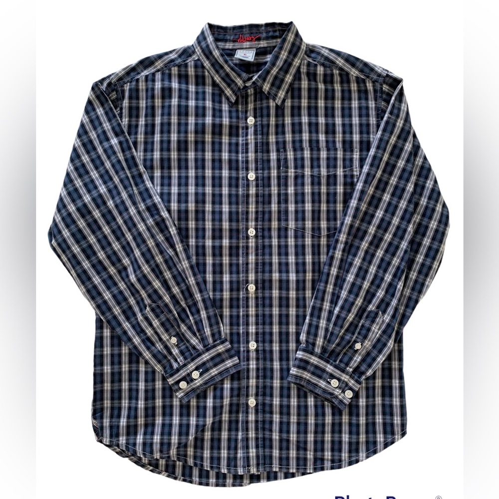 Old Navy Button Down Plaid Shirt Boys Size XL Long Sleeves Blue White